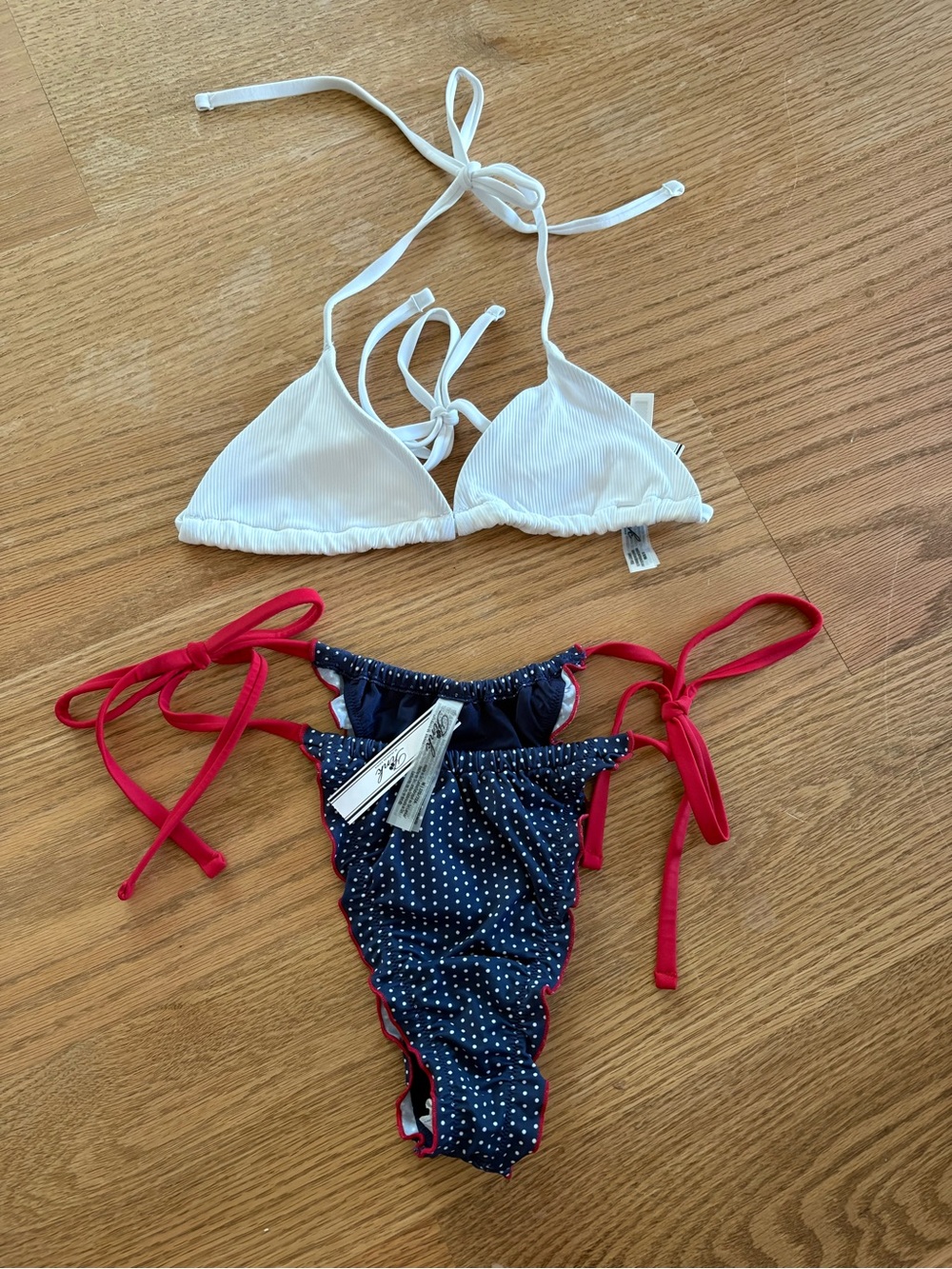 White Ribbed Triangle Bikini Top & Navy Polka Dot Tie-Side Bottoms